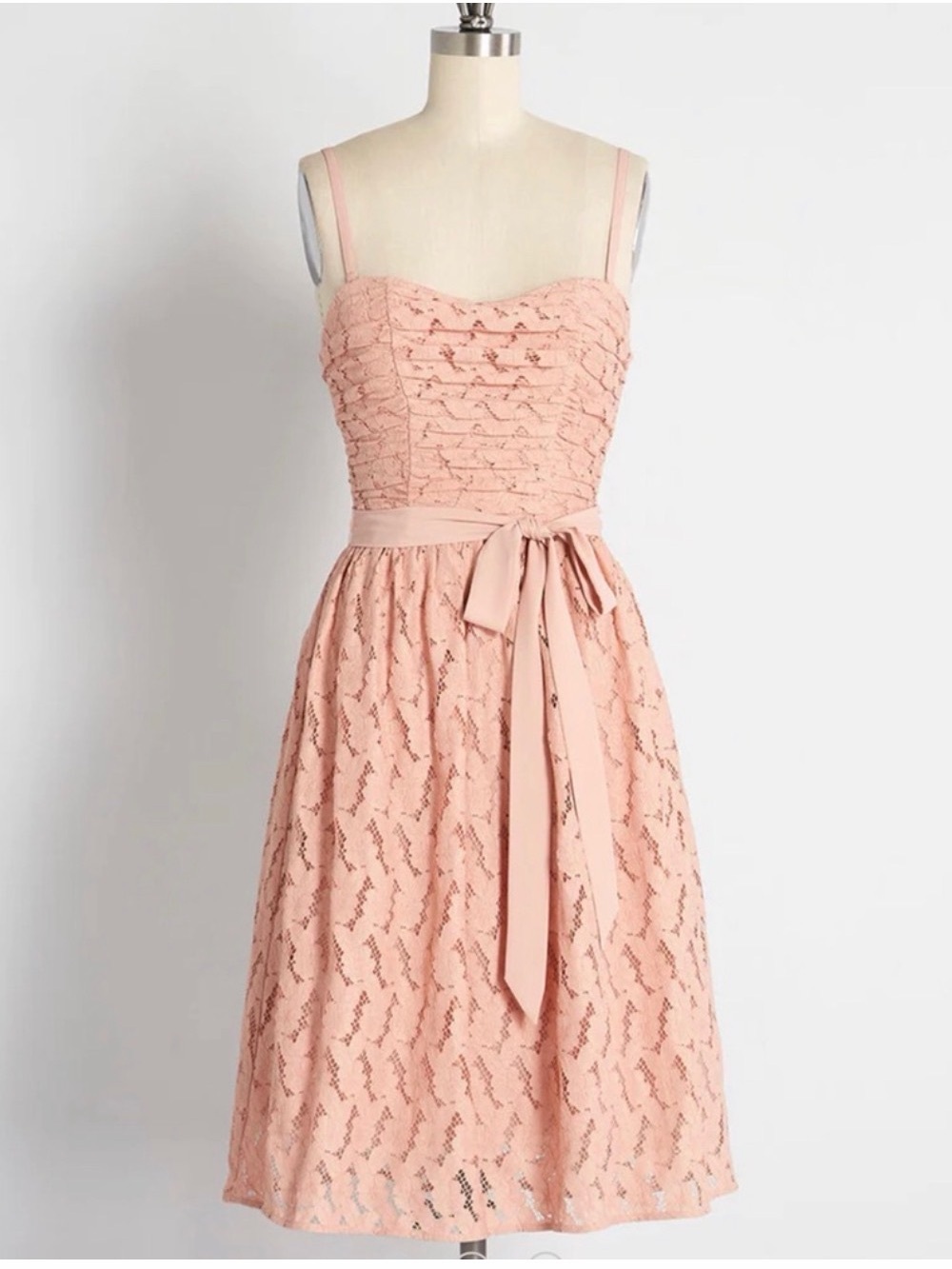 ModCloth Blush Pink Lace Midi Dress with Waist Sash